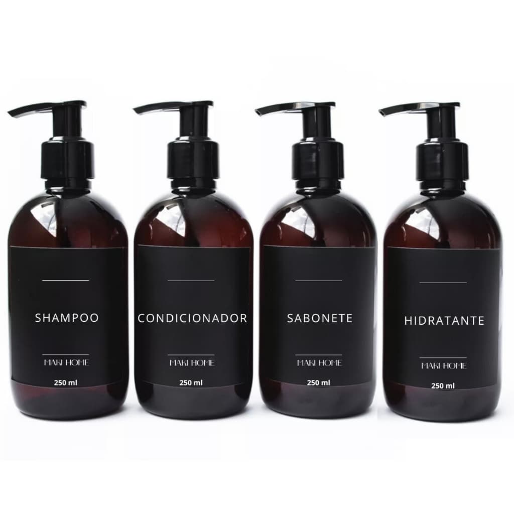 KIT 4 FRASCOS AMBAR 250ml PARA SHAMPOO CONDICIONADOR HIDRATANTE E SABONETEIRA DISPENSER