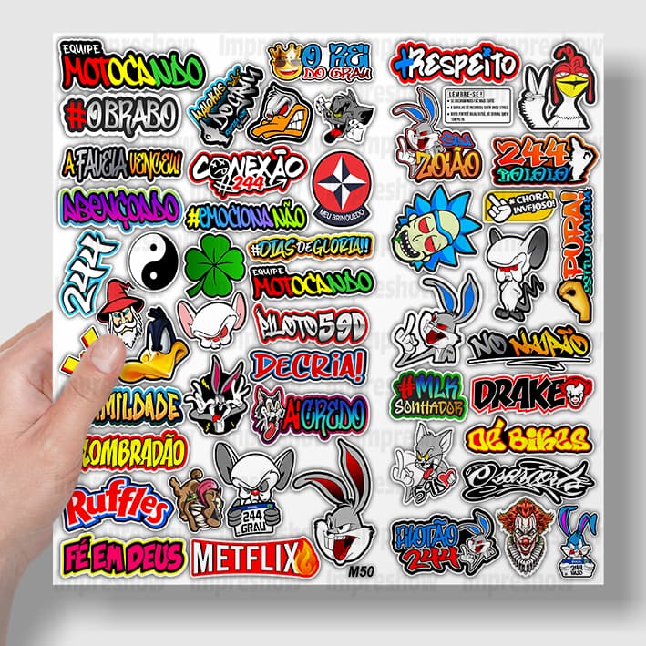 Cartela de adesivos 50 unidades - para Bike Carro Moto Capacete impreshow M50