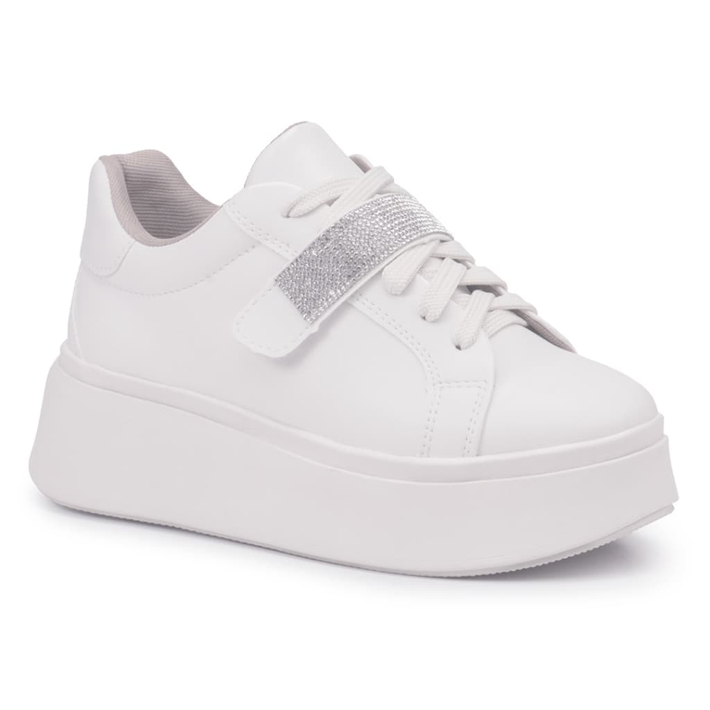Tênis Feminino Casual Branco Plataforma Sola Alta com Tira de Strass Moda Blogueira Original Confort