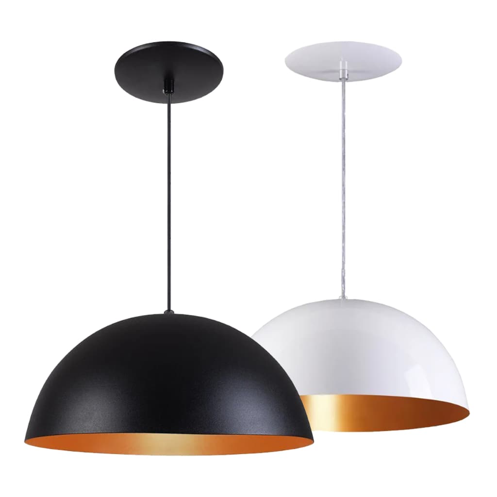 Pendente Meia Lua Meia Bola 40cm cabo 2,30 Alumínio Preto Branco Cobre Lustre
