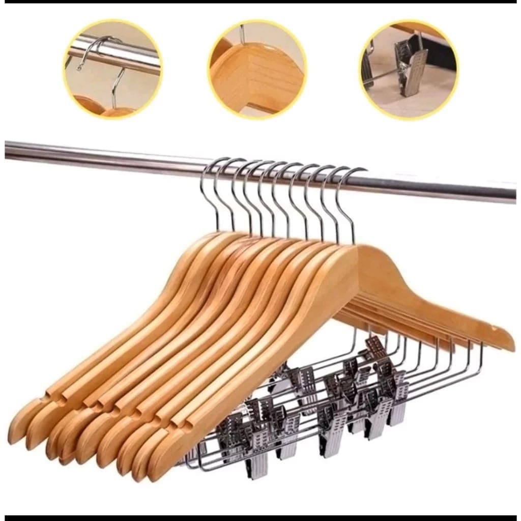 Kit 20 Unidades Cabide de Madeira 44cm Premium com Presilha Marfim