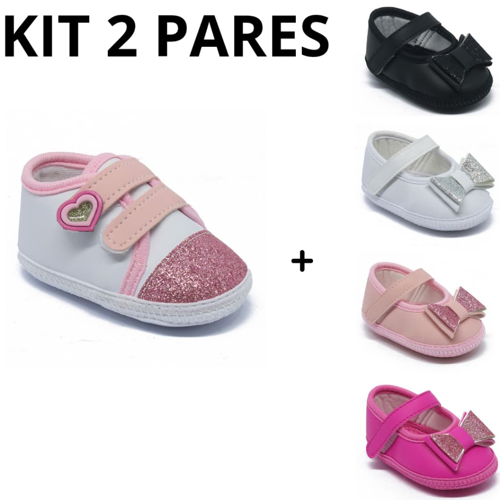 Kit Sapatinho Bebê Menina Mais Sapatilha De Bebê Antialérgico Modelo Glitter do 13 ao 18