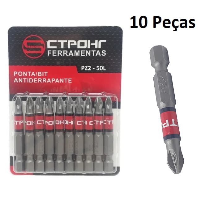 Ponta Bits Antiderrapante Phillips Para Parafusadeira PZ2 50mm 10 Peças