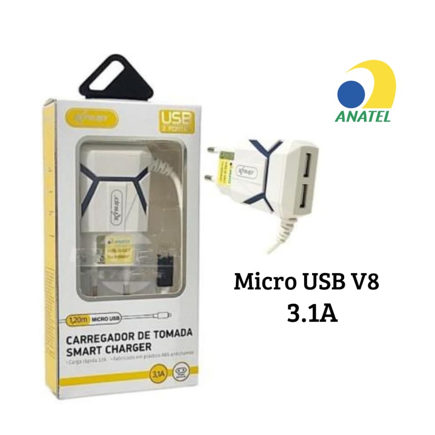 Carregador para Celular  Smartphone V8 Carga Rápida  Micro USB  com 2 USB 3.1A KP-IC015