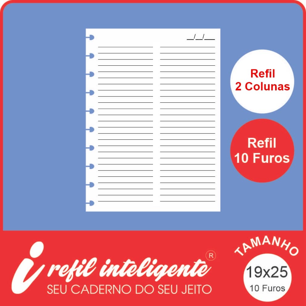 Refil Inteligente Grande 2 Colunas para Anotações 10 Furos é compatível com Cadernos de 10 Discos