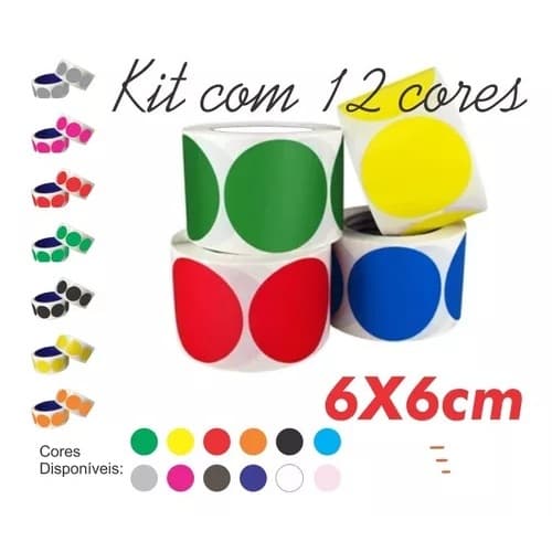 Adesivo Bolinha 6cm Kit Com 12 Cores Ideal Impressora Zebra
