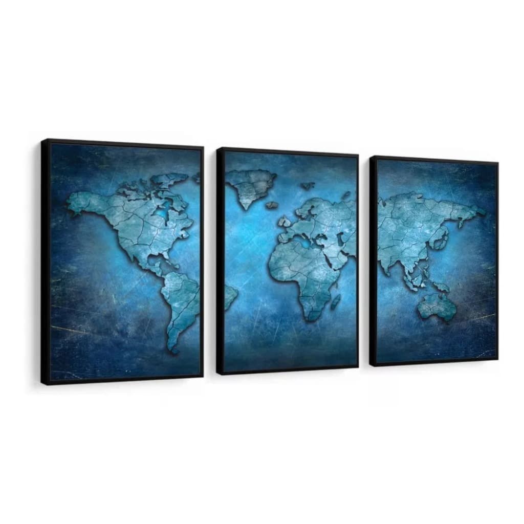 Quadros Decorativos Mapa Mundi Azul Escritório Hall Sala Luxo com Moldura Kit 3 quadros 40x60