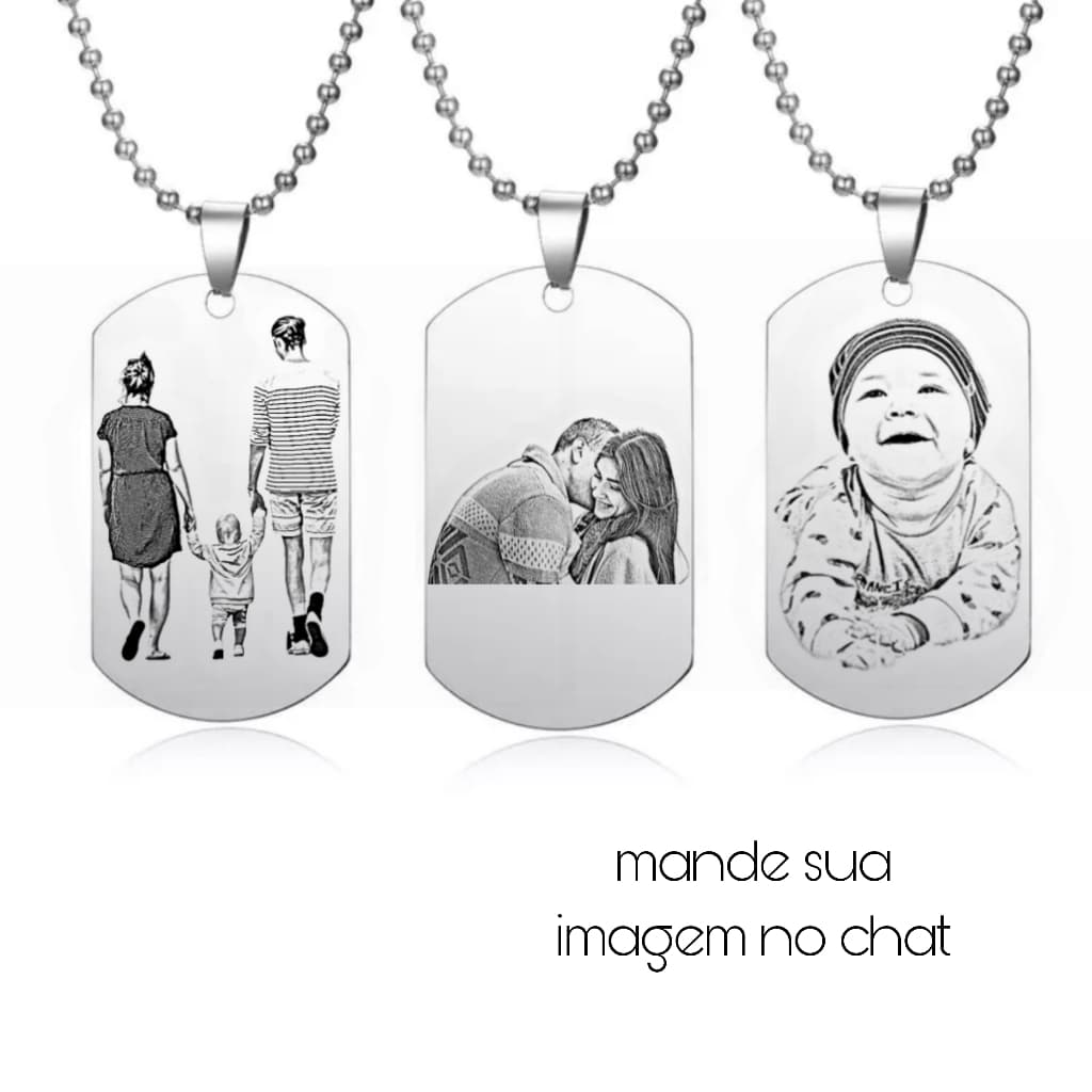 Colar Cordão Corrente Personalizado Dog Tag Masculino Aço Inoxidável Com foto Família, Pet