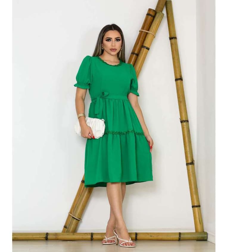 vestido midi duna renda feminina manga curta bufante com cinto e forro