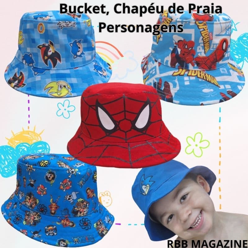 Bucket de praia infantil menino e menina, cata ovo, chapéu de praia personagens homem aranha, sonic