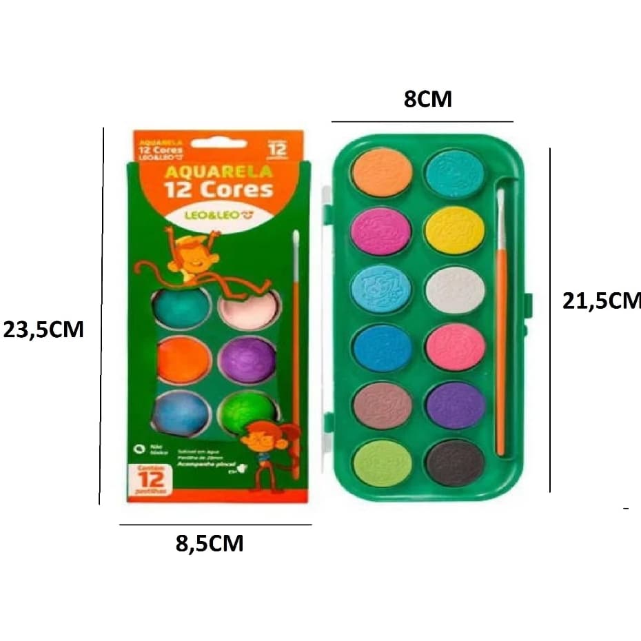 Aquarela 12 Cores LeoLeo Pinturas Papel Cartolina Papel Cartão Papelaria Escolar Crianças Artigo de Artes
