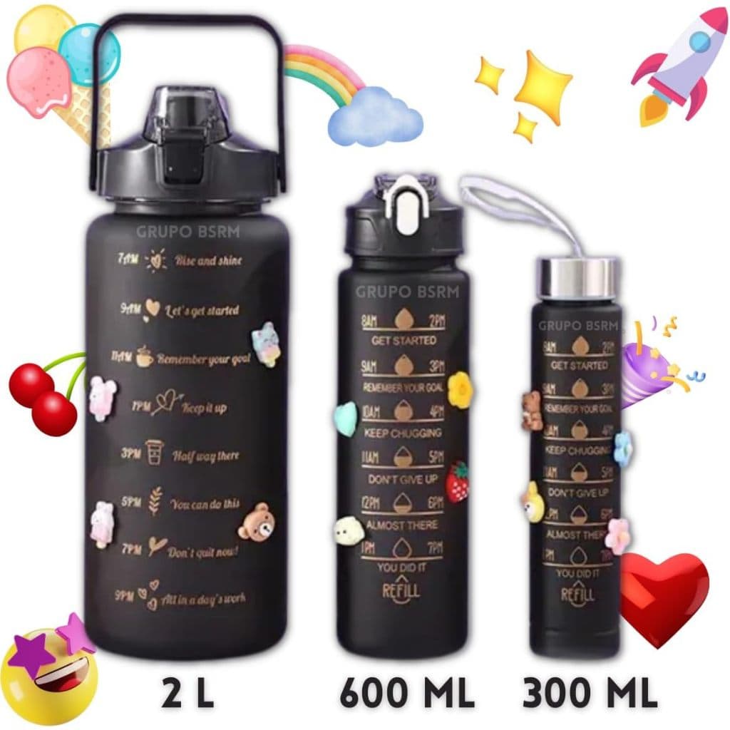 Kit 3 em 1 Garrafa Motivacional  Squeeze Academia Água Galão Fitness Adesivos 3D 2D Antivazamento 2000ml