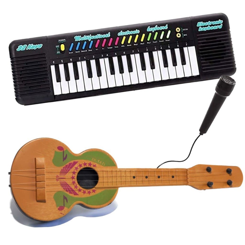 Kit Piano Teclado Musical Violão Infantil Com Microfone Viola Brinquedos