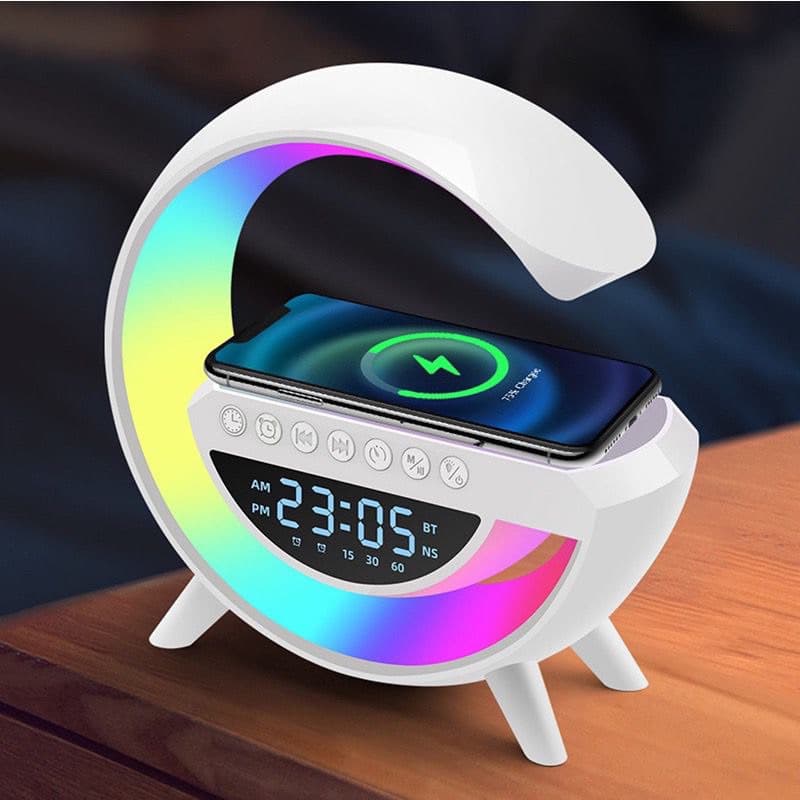Smart G Speaker Luminária  Multifuncional com Som Bluetooth Relógio Despertador  Carregador Sem Fio Por Indução e Despertador Lançamento 2023