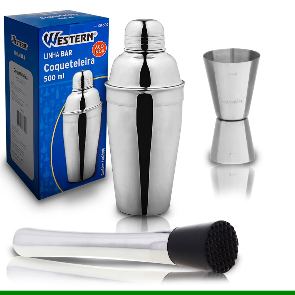 Coqueteleira Drink Bartender Aço Inox Para Bebida Drinks Caipirinha Cocktail 500 ML CJ Bar 3 Peças