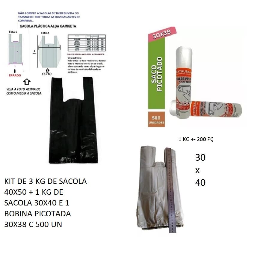 3 Kg Sacola Plastica Preta 40x50 + 1 kg Sacola Plastica 30x40 Reciclada + 1 Bobina Picotada 30x38 500 Peças