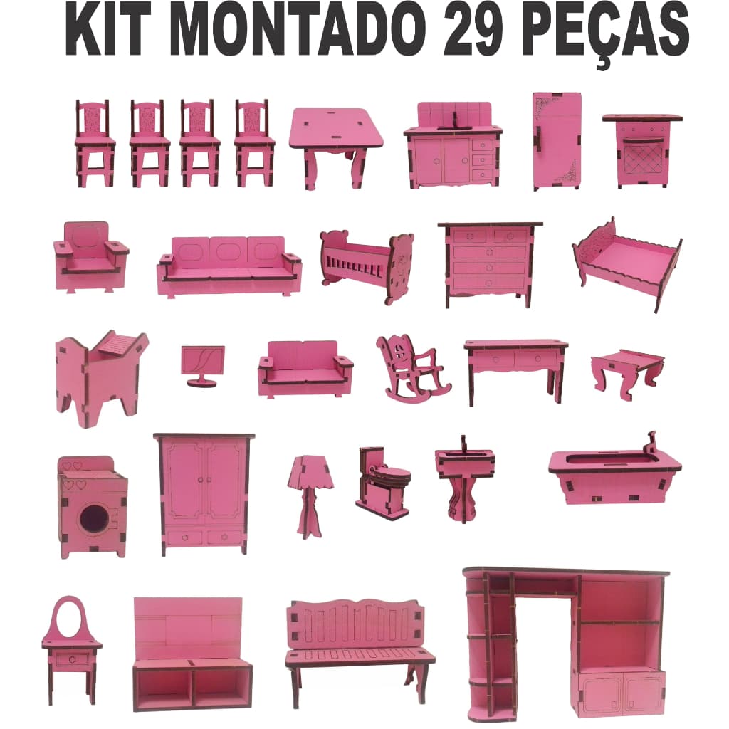29 Mini Móveis Montado Rosa com peças MDF para Casinha de Boneca