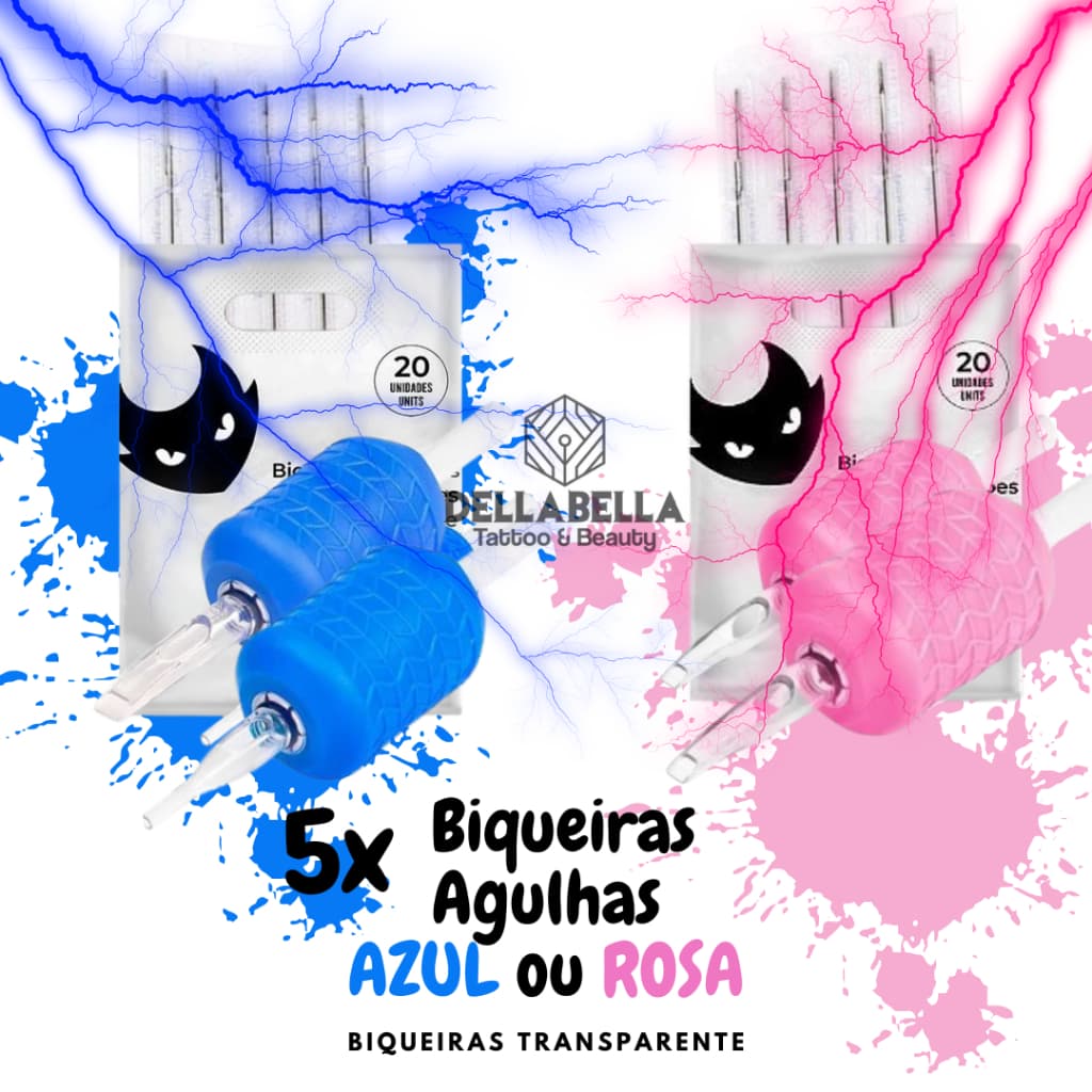 05 Agulhas Diversas + 05 Biqueiras Rosa ou Azul Tattoo Tatuagem