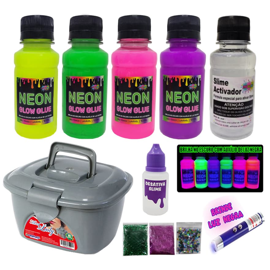 Mini Kit Slime Completo Cola Neon + Maletinha Prata Oferta