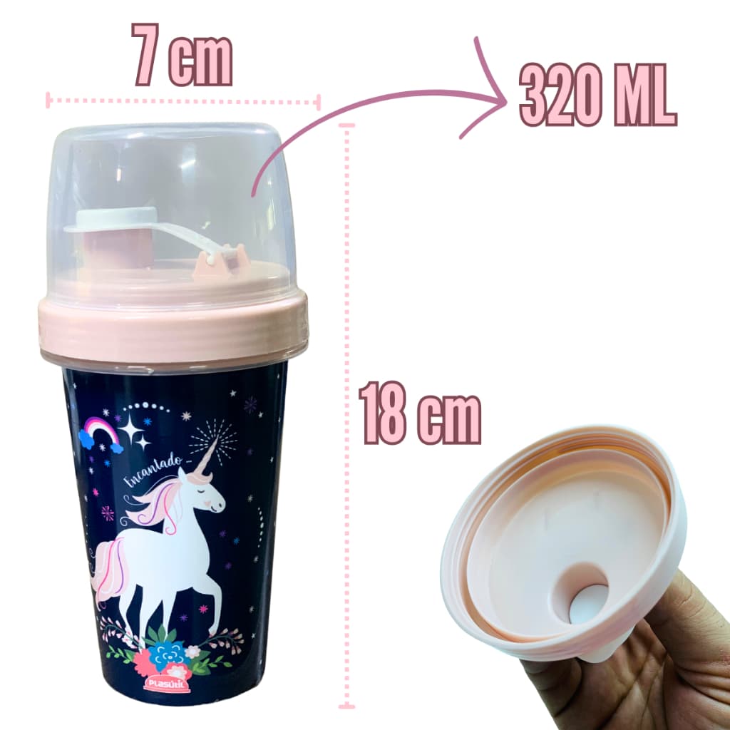 Garrafa Unicórnio Shakeira Menina para lancheira não vaza fechamento hermético 320ml Garrafinha Infantil para menina