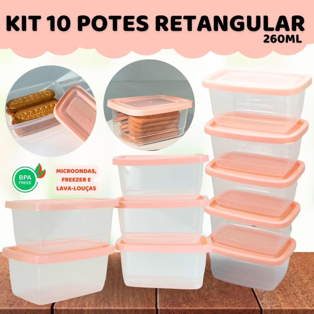 Kit 10 Potes Retangular Lancheira Marmita Vasilha Plástica Porta fruta Marmitinha Salada Potinho Lanche Snack Resistente Utensílios para Casa/Cozinha