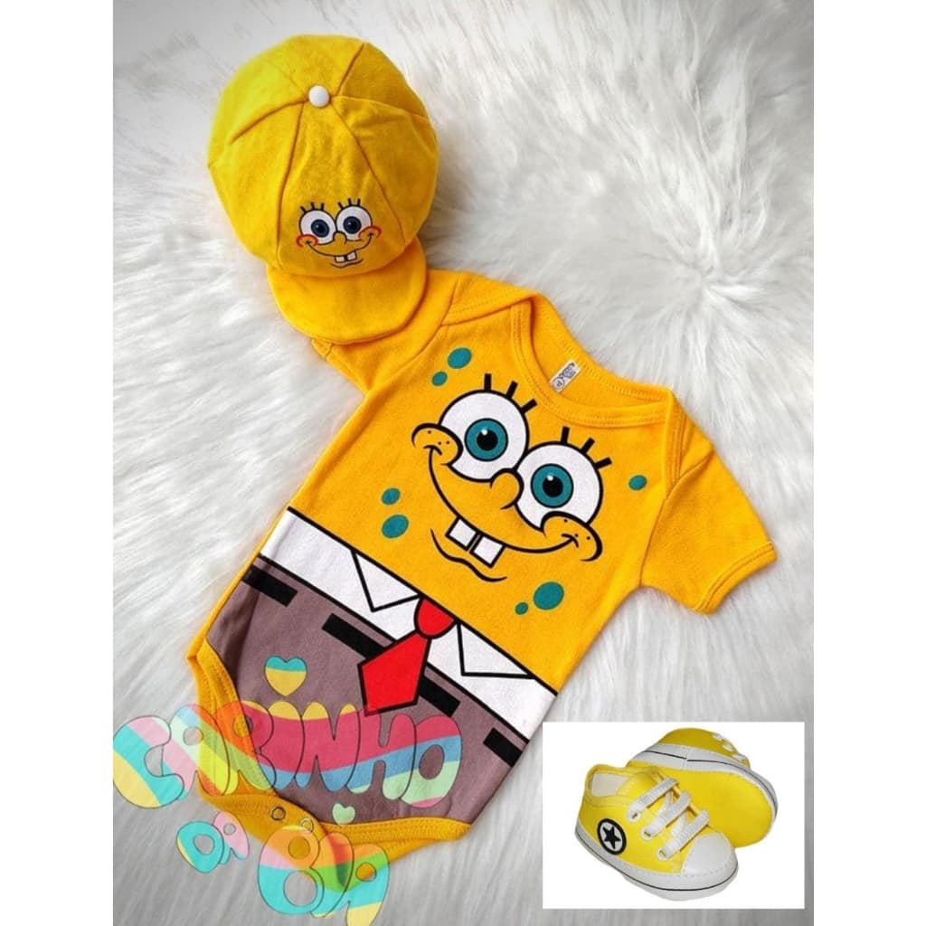Kit Completo Body Bob Esponja Mesversário Bebê Menino Calça Quadrada