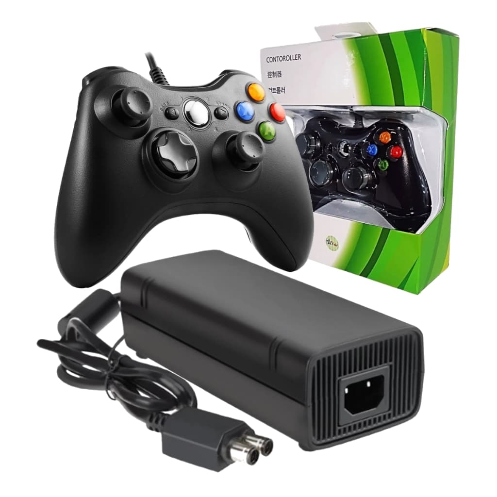 Kit Xbox 360 Slim Controle Com Fio + Fonte Bivolt 110-220V 2 Pinos