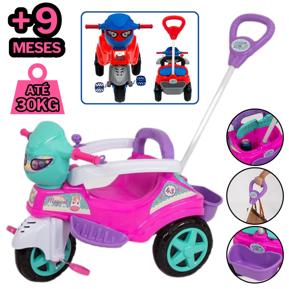 Triciclo de Passeio com Empurrador Menina Menino Brinquedo Infantil Carrinho Motoca Bebê Triciculo Rosa Vermelho Spider Aranha Velotros Motinho Velobaby Quadriciculo Pedalinho Pedal