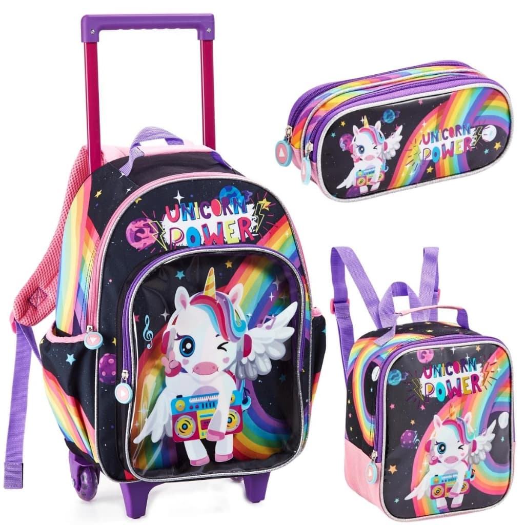 Kit Mochila Escolar Unicórnio Infantil Menina com Rodinhas + Lancheira Térmica + Estojo