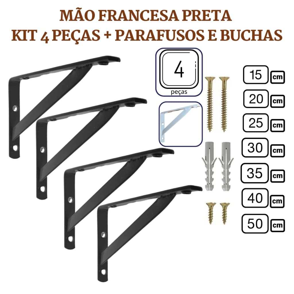 Mão Francesa 4 peças Suporte Cantoneira para Prateleira Industrial Bancada de 15cm a 50cm