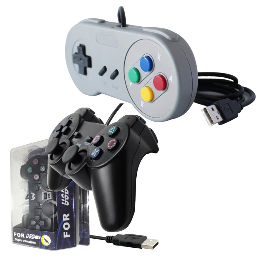 Kit 2x Controles USB Joystick Games Retro Computador Raspberry Manete Pc Gamer Modelo Ps2 + Snes