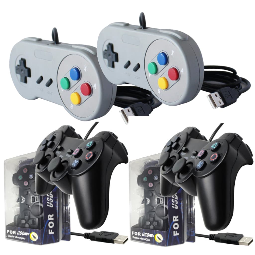 Super Kit 4x Controles USB Joystick Games Retro Computador Raspberry Manete Pc 2x Modelo Ps2 + 2x Snes