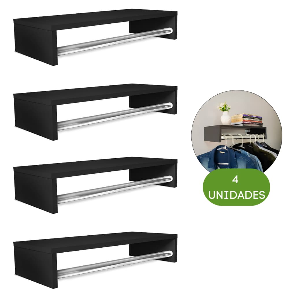 Kit 4 Araras De Parede Cabideiro Madeira Parede Para Loja Lavanderia Multiuso Preto