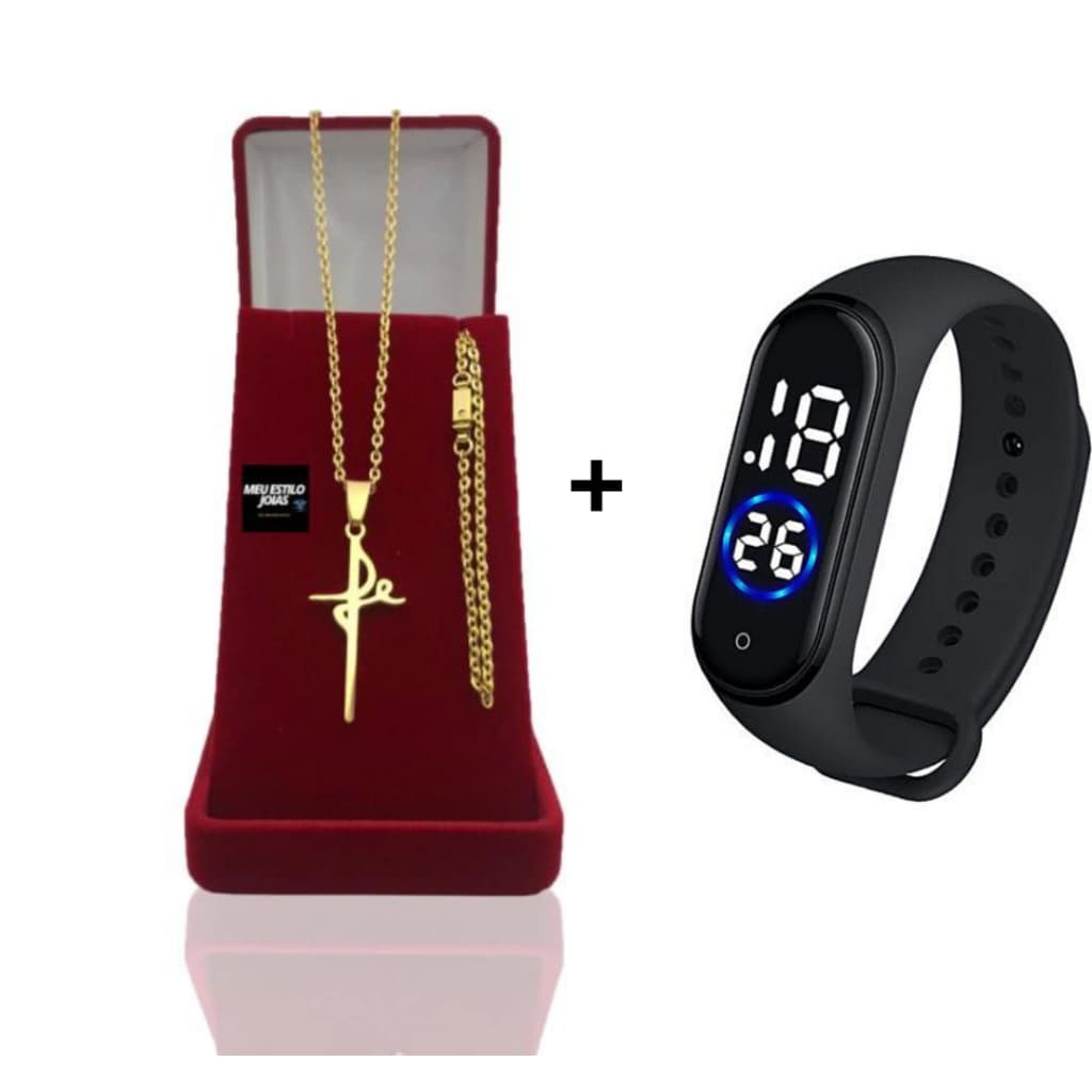 Corrente Masculina Cadeado 2mm banhado a Ouro  + Pulseira  Com Pingente Letra Fé + Relógio De Pulso Digital