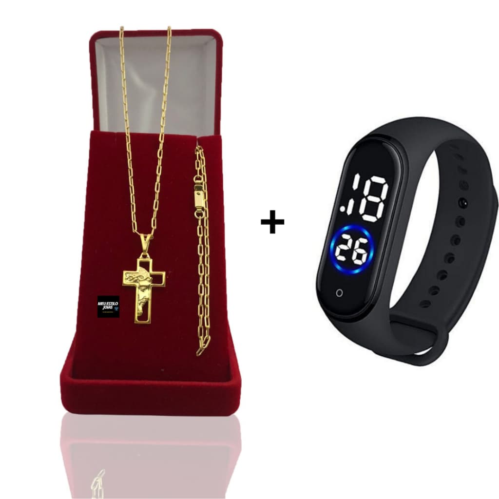Correntinha Masculina Banhado Ouro 2mm Com Pulseira e Pingente Cruz Face de Cristo