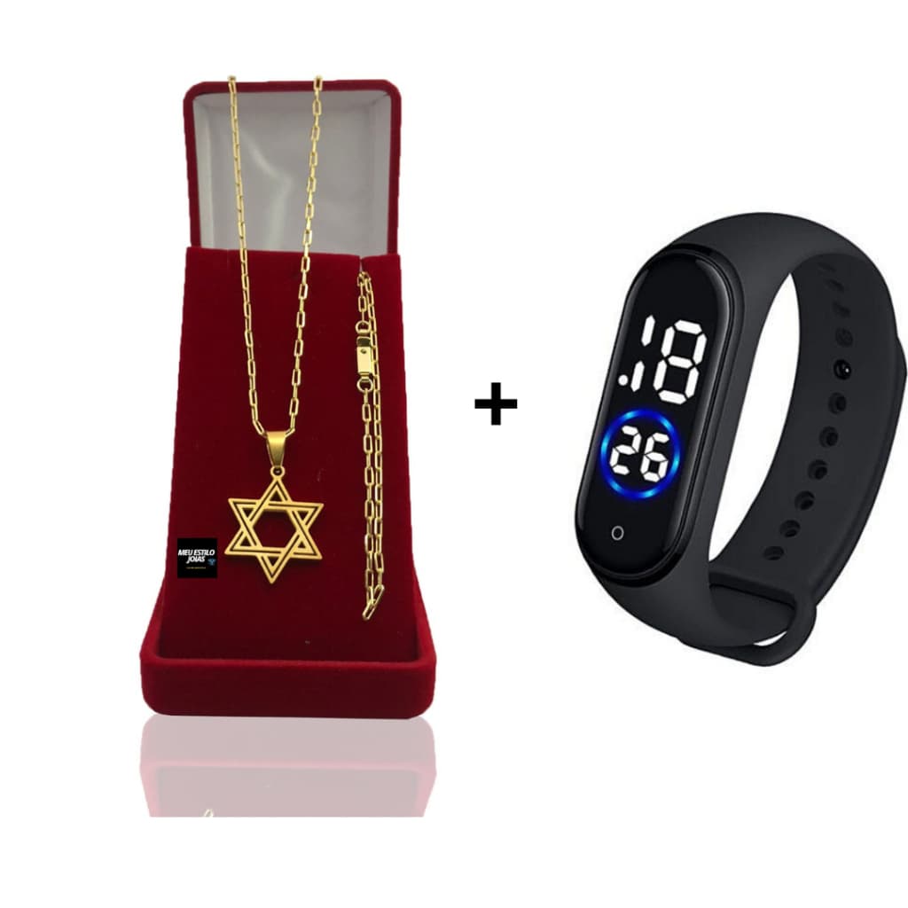 Correntinha Masculina Banhado Ouro 2mm Com Pulseira e Pingente Estrela De Davi