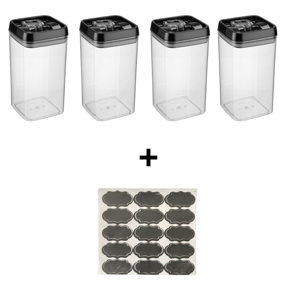4 Potes Bolacha Acrílico Quadrado 2,3 L  Tampa Preta Mantimentos Hermetico