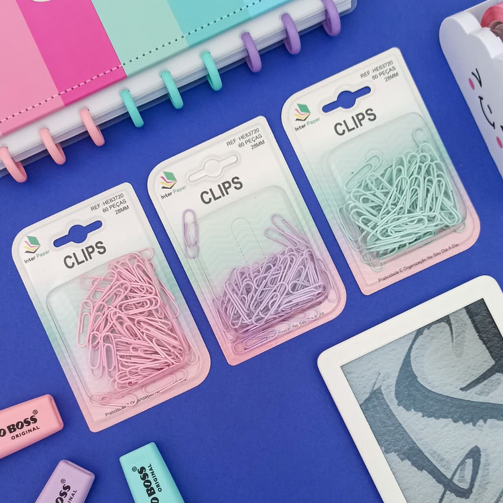 Clips Colorido Metal 60 unidades 28 mm (Rosa, Verde Água, Lilás) HE63720 - Interponte | para Papel