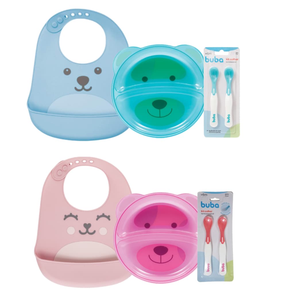 Kit Alimentação Bebê Buba com Prato Infantil Divisória Colher Termossensível Babador Silicone com Bolso Pega Migalhas