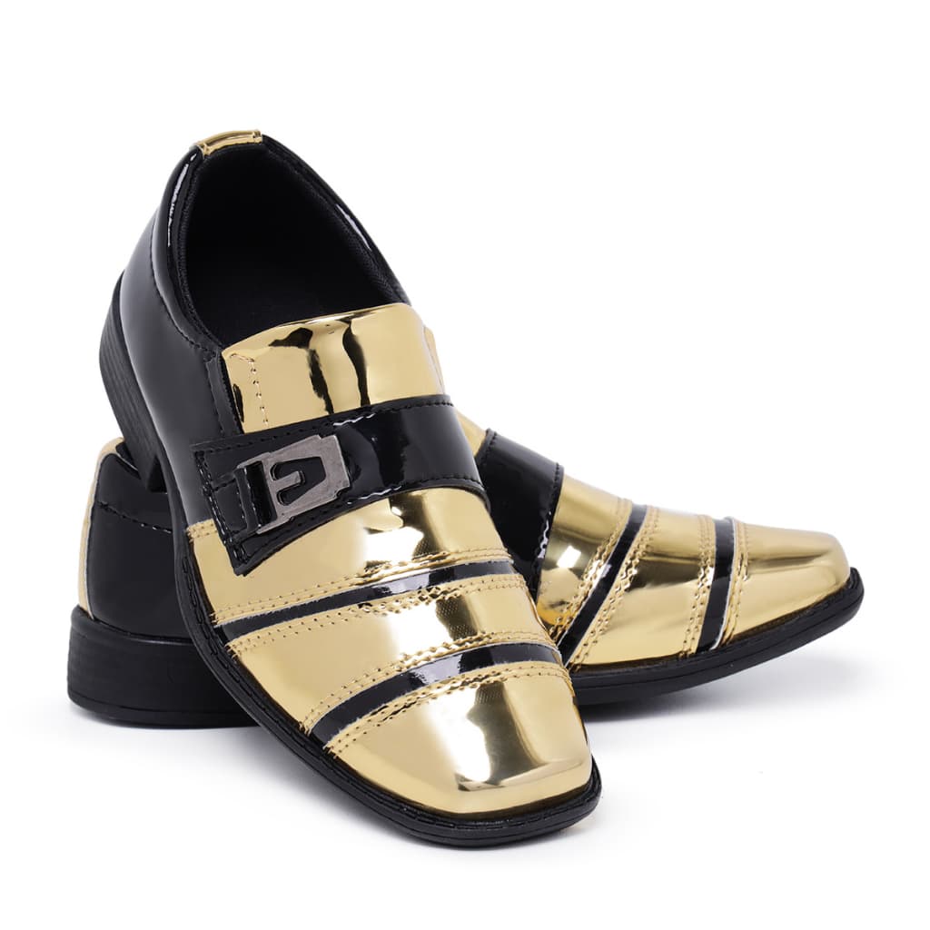 Sapato Social Infantil Masculino 443 Preto Dourado Pajem Conforto Estilo Italiano Bico Quadrado