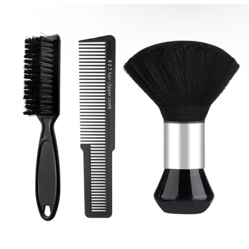 Kit espanador barbeiros + pente corrido + escovinha degrade