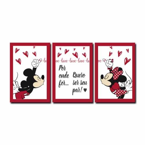 Kit Quadros Decorativos Mosaico 3 Peças Trio Por Onde For Quero Ser Seu Par Minnie Mickey Vermelho