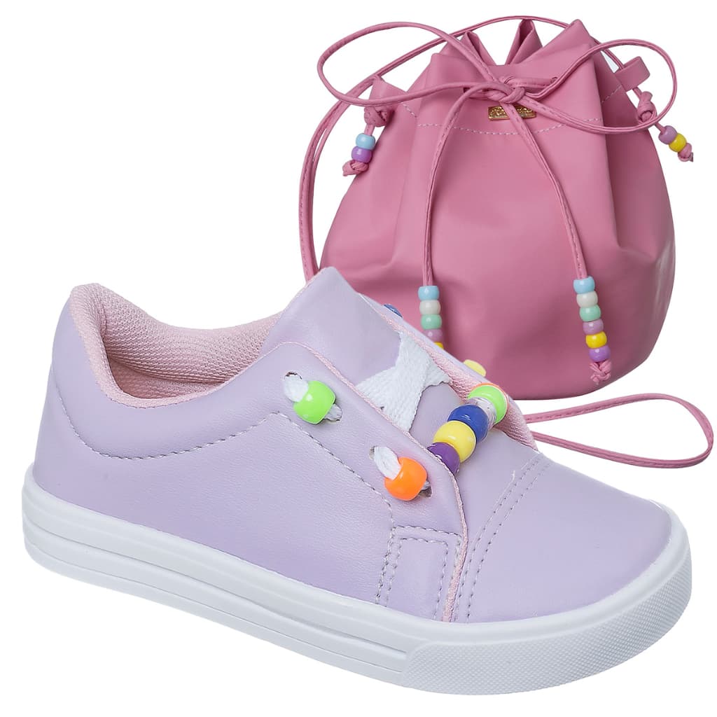 Kit Tênis Feminino Infantil Casual Com Bolsa Saco Linda Menina Confortavel Volta as Aulas Promoção