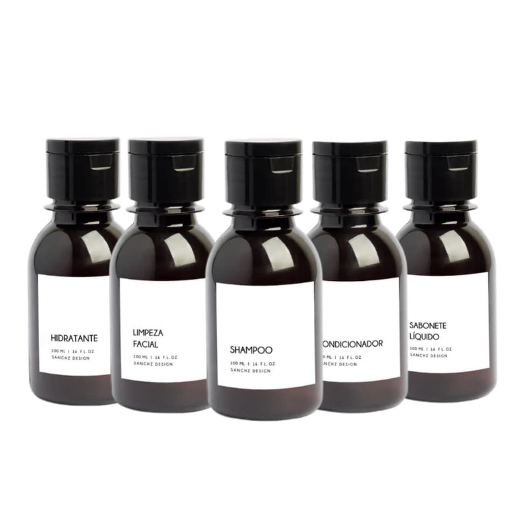 Kit Frascos para Viagem 5 Unidades Shampoo Condicionador Sabonete Hidratante Âmbar 100ml