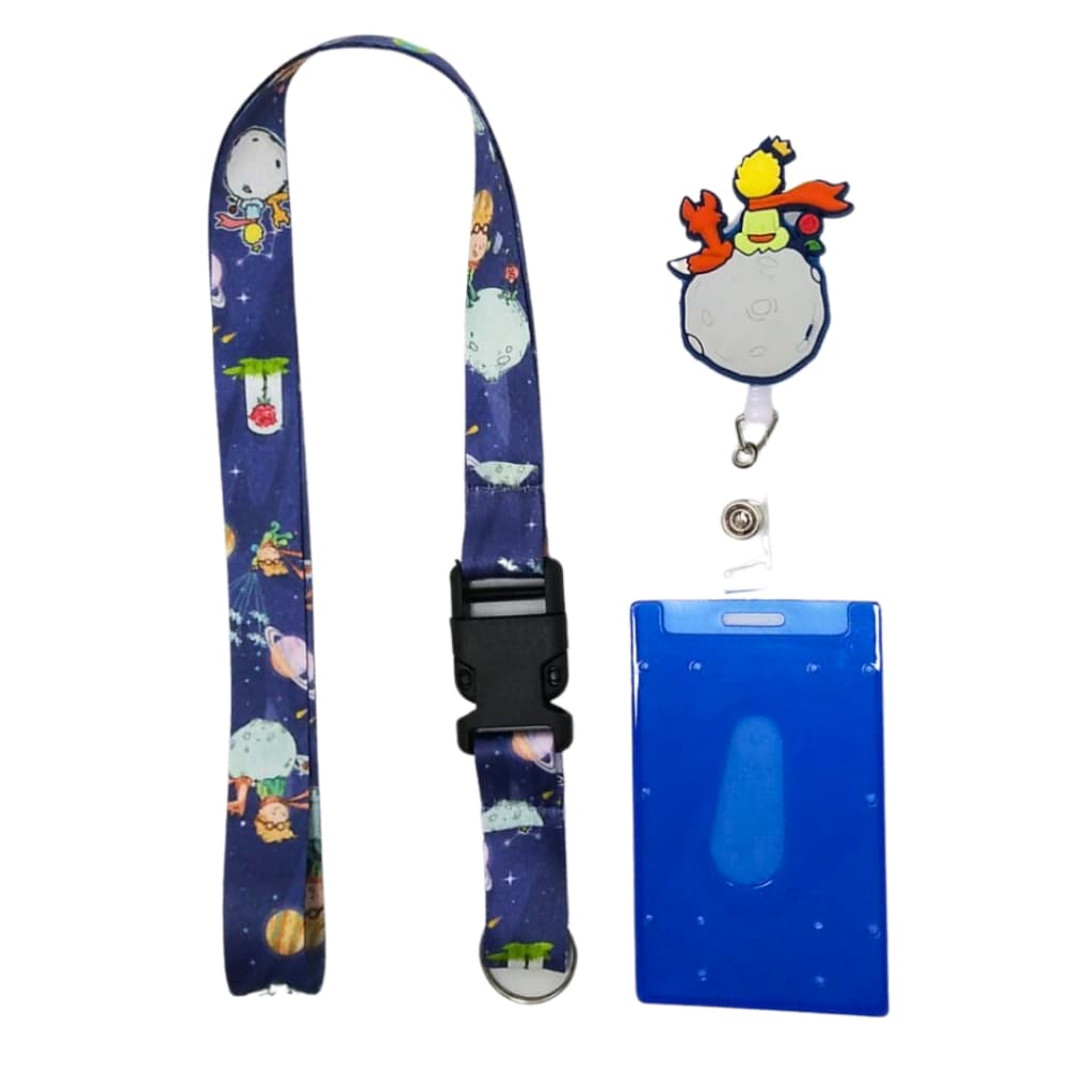Kit Cordão Fecho Engate Rápido Pequeno Príncipe  + Porta Crachá Retrátil Costas + Porta Cartão Azul