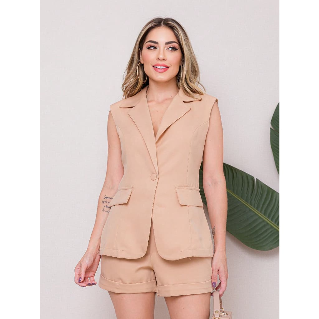 Liu Fashion Conjunto Feminina Colete Com Shorts Blazer Alfataria Elegante 2024 Verde Rosa Marrom Cinza Roxo Azul Royal