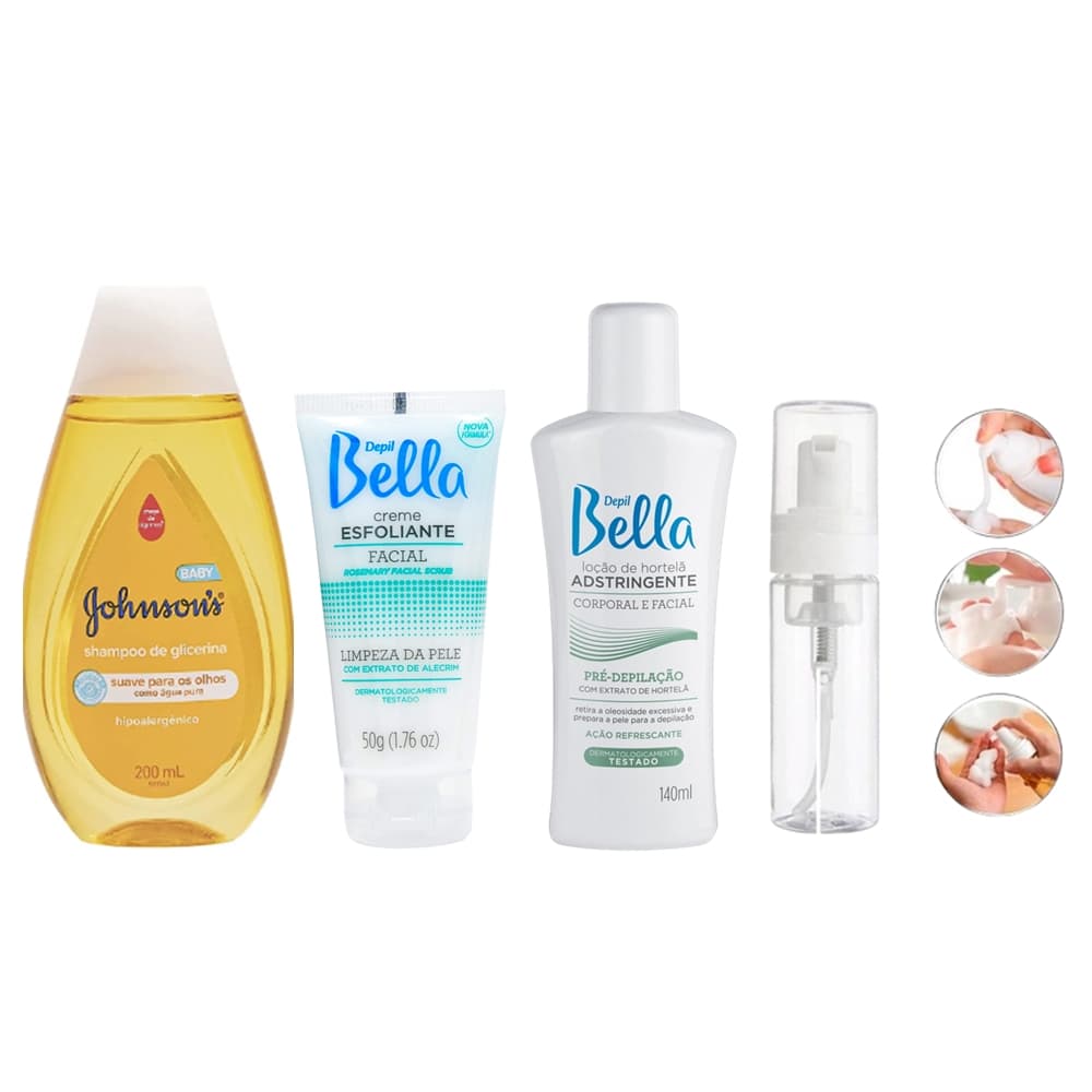 Kit Spa das Sobrancelhas Com Esfoliante Adstrigente Shampoo Jhoson e frasco pump espumador