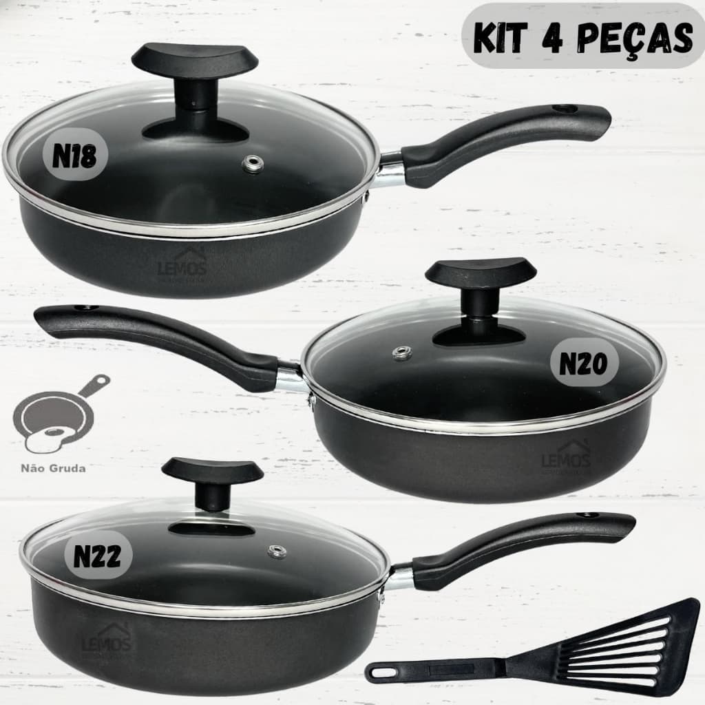 Kit Frigideiras Antiaderente Com Tampa De Vidro Jogo com 4 Peças Frigideira Teflon Preta 18/20/22cm + Espatula
