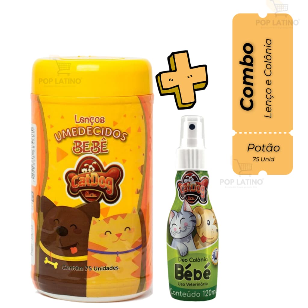 Combo Lenço Umedecido para Cachorro Bebê 75 Unidades Pet mais Colônia, Perfume bebê 120ml Catdog Gatos, Coelho, Pet shop