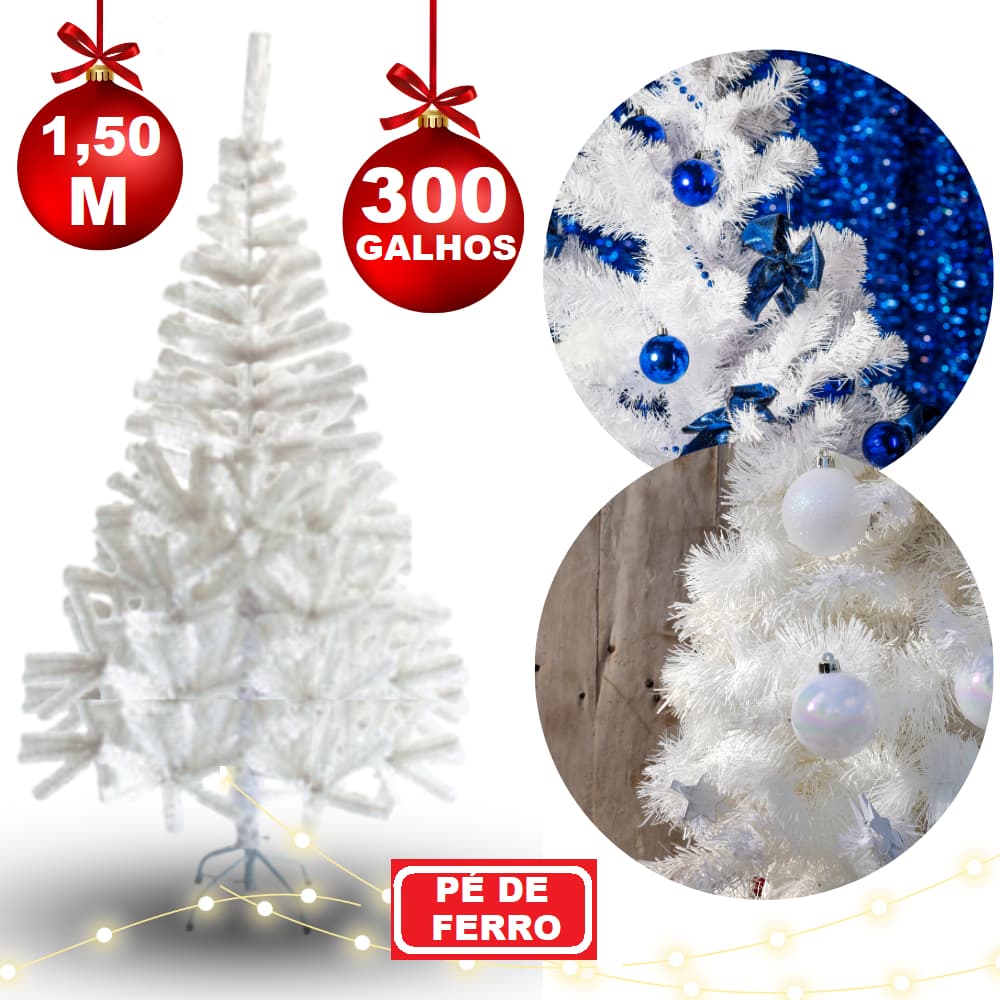 Árvore de Natal Branca Cheia Pé de Ferro Pinheiro Grande Luxo 1,50 MT c/ 300 Galhos Decoração